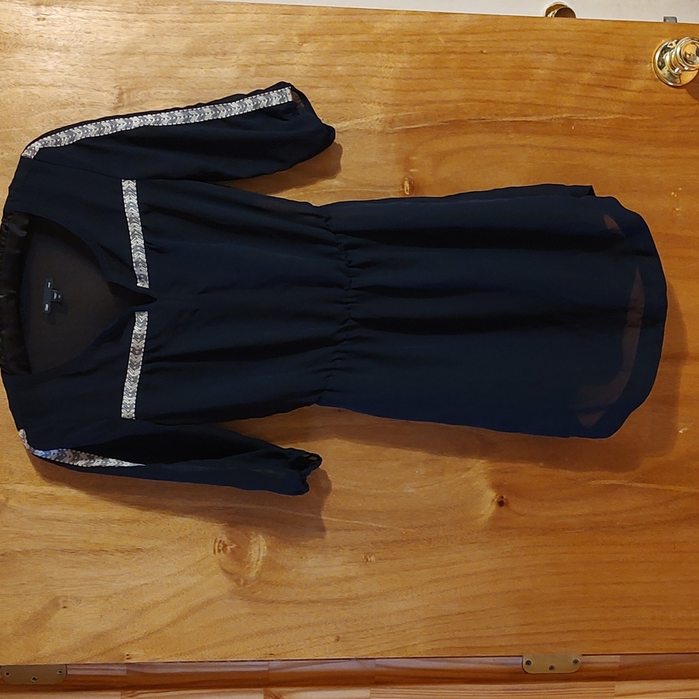 Gap Factory Sheer Coverup Dress Navy Ribbon Accent ¾-Sleeve Elastic Waist XS